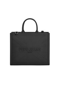 Rektangulær sort tote bag lavet af tekstureret materiale, med hævet "PEPE JEANS LONDON" logo og Union Jack design. To håndtag.