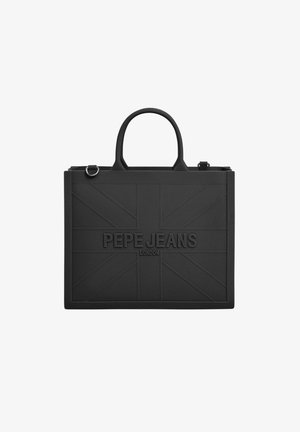 Rechteckige schwarze Tragetasche aus strukturiertem Material mit erhabenem "PEPE JEANS LONDON"-Logo und Union Jack-Design. Zwei Tragegriffe.