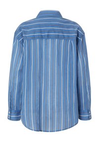 Camicia a righe blu con linee verticali di diverse larghezze, con colletto, polsini con bottoni e un orlo leggermente curvo. Tessuto morbido.