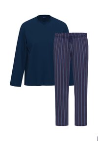 Top a maniche lunghe blu navy con scollo a V abbinato a pantaloni da pigiama a righe in blu scuro, rosso e bianco. Tessuto morbido con vita elastica e cordoncino.