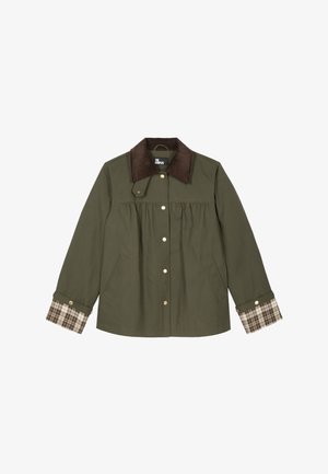 Olijfgroen jack met een bruine corduroy kraag, voorzien van gouden knopen, twee voorzakken en geruite manchetten.