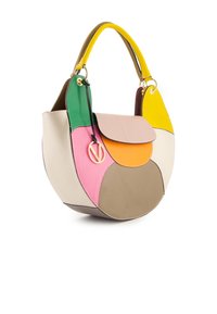Leather handbag featuring a rounded design with multi-colored panels in green, pink, orange, yellow, cream, and brown. Gold-tone hardware.