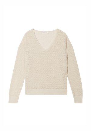 Pull crème à col en V avec une coupe ample, fabriqué en matériau tricoté texturé. Manches longues et détail de bord-côte, présentant un motif de tissage ouvert.