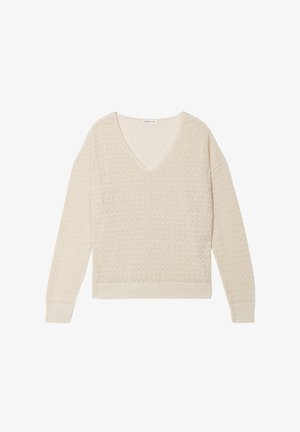 Crème v-hals trui met een losse pasvorm, gemaakt van een textuurgebreide stof. Lange mouwen en geribbelde zoomdetails, met een open weefpatroon.