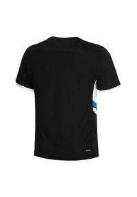 Schwarzes Kurzarmhemd mit weißen Akzenten an den Ärmeln und an der Seite, ausgestattet mit blau- und schwarzgestreiften Mustern, gefertigt aus leichtem, atmungsaktiven Material.