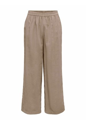 Pantalones beige de pierna ancha con cintura elástica y bolsillos laterales, confeccionados con tela ligera.