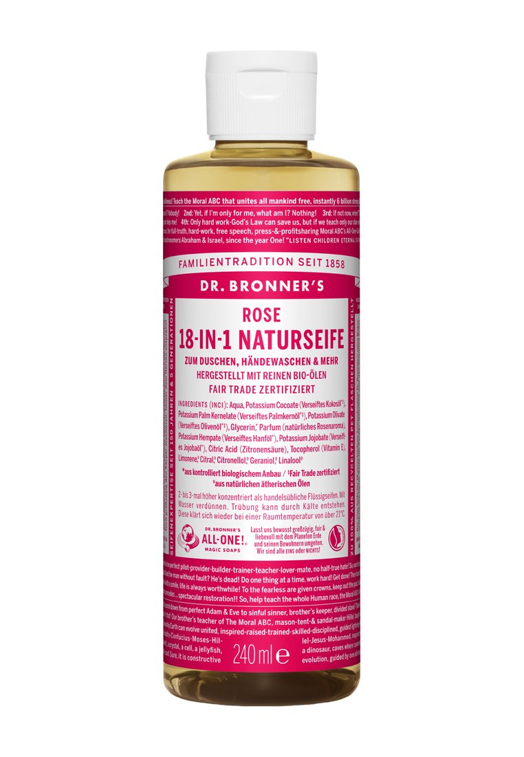 Rosendoftande flytande tvål i klar plastflaska, med ett vitt flip-top lock och en livlig rosa etikett med vit och röd text. 240 ml.