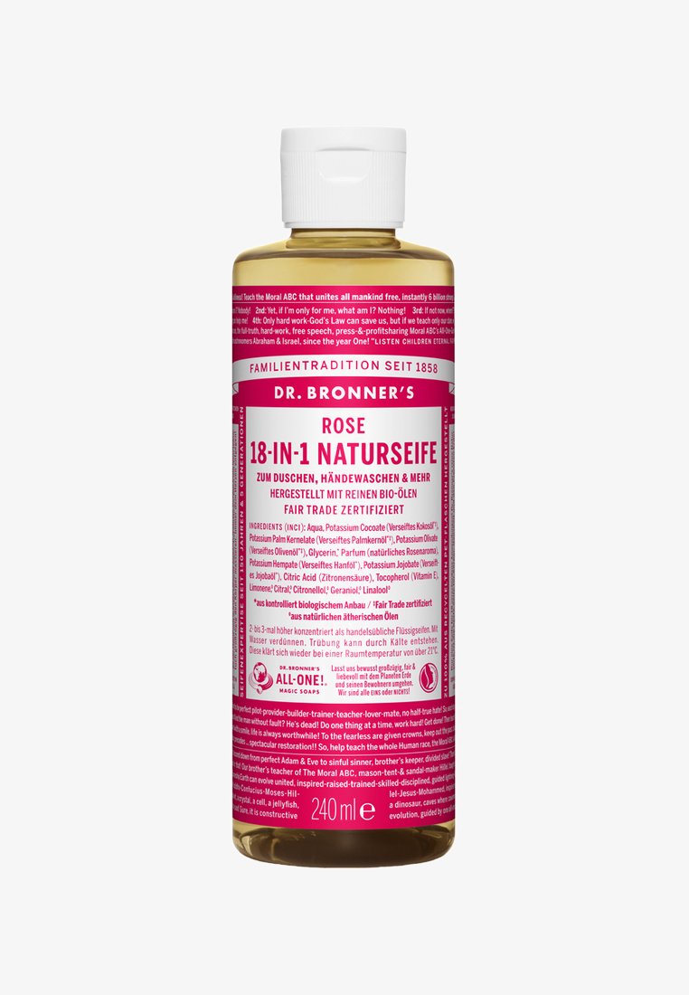 Rozengeurige vloeibare zeep in een doorzichtige plastic fles, voorzien van een witte flip-top dop en een levendig roze etiket met witte en rode tekst. 240 ml.
