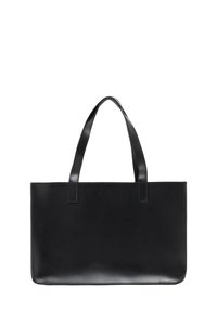 Svart läder tote väska med två platta handtag, rektangulär form, slät textur och minimalistisk design, utan synlig hårdvara eller mönster.