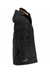 Black puffer jacket with a hood, featuring a fur trim, yellow lining, multiple pockets, and button accents on sleeves. Textured, quilted design.
