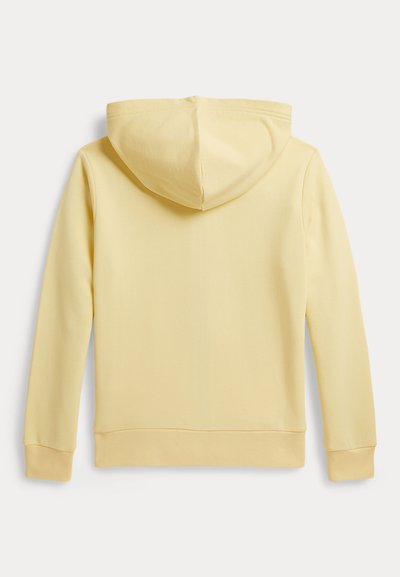 Οπίσθια όψη ενός απλού ανοιχτό κίτρινου φούτερ με κουκούλα, μακριά μανίκια και ριμπ μανσέτες και τελείωμα.
