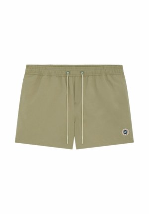 Shorts de bain pour hommes couleur kaki avec ceinture élastique, cordons blancs et petit patch logo rond sur la jambe gauche.
