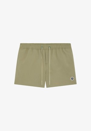 Shorts de bain pour hommes couleur kaki avec ceinture élastique, cordons blancs et petit patch logo rond sur la jambe gauche.