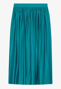 Teal plisserte skjørt med elastisk linning, laget av blankt stoff med vertikale striper, knelange design, glatt tekstur.