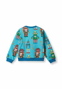 Felpa per bambini in tessuto blu brillante con una stampa ripetuta di robot in vari colori. Polsini e orlo a costine, scollo a girocollo.