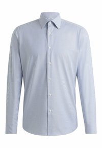 Světle modrá a bílá pruhovaná košile s dlouhým rukávem, klasickým límečkem, zapínáním na knoflíky vpředu a manžetami na jeden knoflík. Hladká textura látky.
