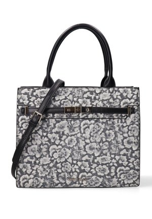 Sac à main rectangulaire avec anses et bandoulière en cuir noir, tissu floral gris et blanc, et fermeture à boucle métallique à l'avant.
