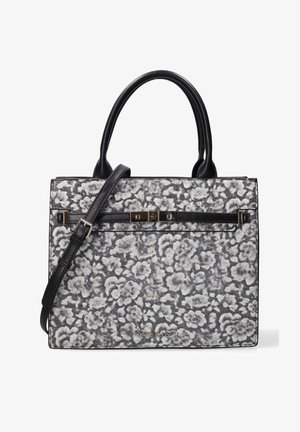 Rechteckige Handtasche mit schwarzen Ledergriffen und Riemen, grauem und weißem Blumenstoff und Metallverschluss vorne.