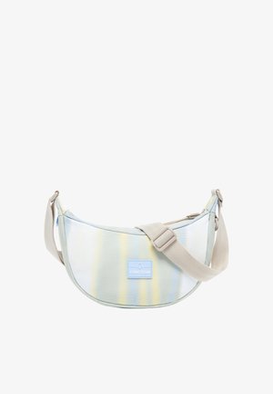 Leichte Schultertasche aus weichem Stoff mit einem Farbverlauf-Muster in Pastellblau, Gelb und Weiß. Sie verfügt über einen verstellbaren beigen Tragegurt.