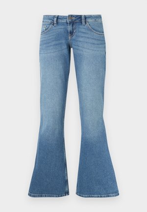 Blue denim flared jeans with a high waist, featuring five pockets, contrast stitching, and a slight gradient in color towards the hem.