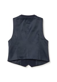 Marineblaue satinierte Weste mit geradem Schnitt, ausgestattet mit einem Rückenschlitz und ohne Verschlüsse. Glatte Textur und taillierte Passform.