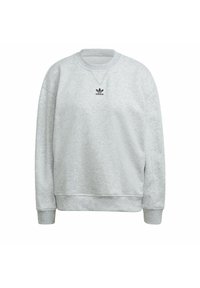 Grå sweatshirt i fleece; har en rund halsringning, ribbade ärmslut och en liten svart Adidas-logga på bröstet.