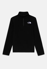 Svart fleece-pullover med krage och kvartdragkedja, prydd med en vit logotyp på vänster bröst. Slät textur och långa ärmar.