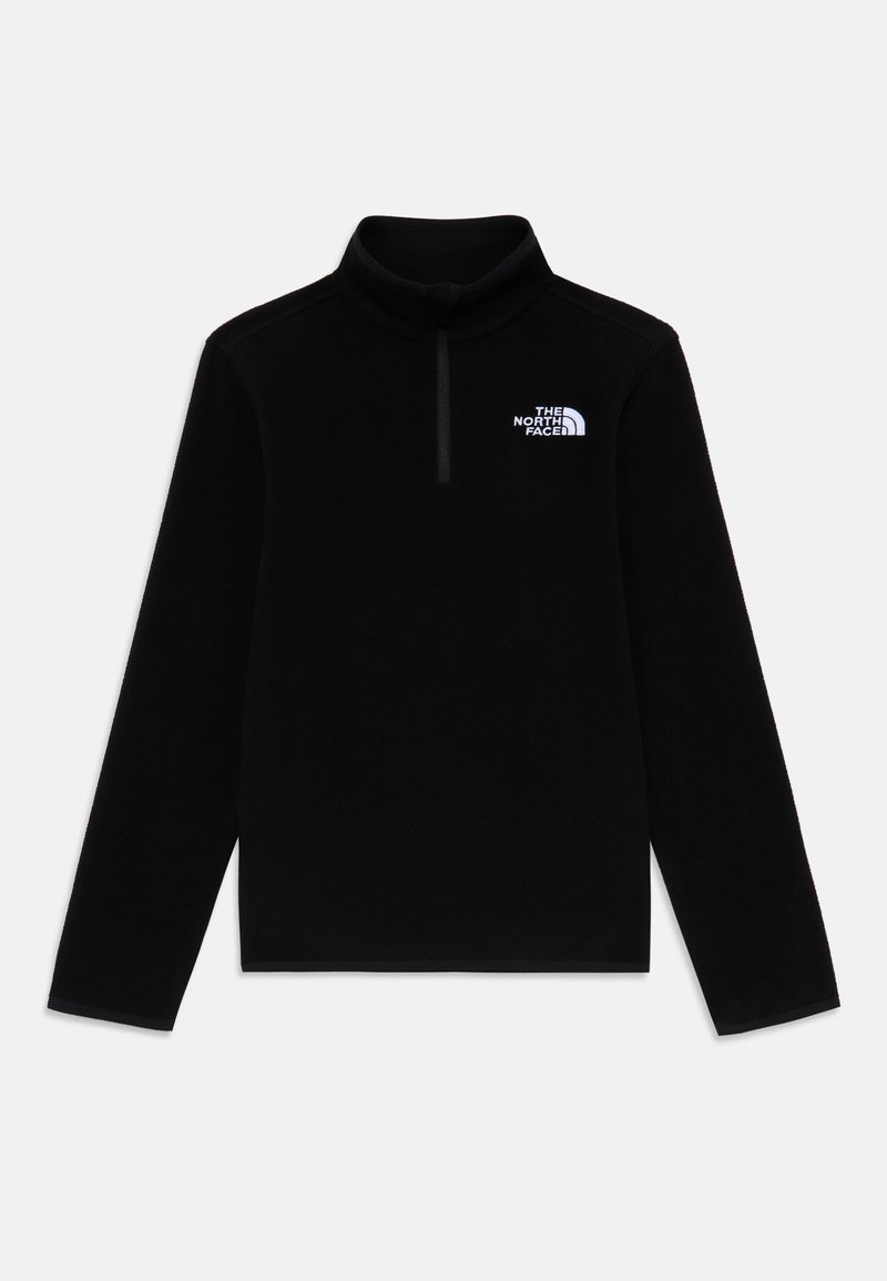 Svart fleece-pullover med krage och kvartdragkedja, prydd med en vit logotyp på vänster bröst. Slät textur och långa ärmar.