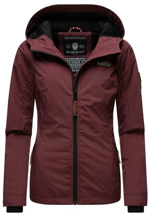 Maroon insulated jacket with a black lined hood, zip closure, and side pockets. Features a logo on the chest and leather accents on zippers.