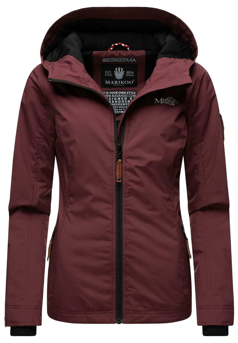 Maroon insulated jacket with a black lined hood, zip closure, and side pockets. Features a logo on the chest and leather accents on zippers.