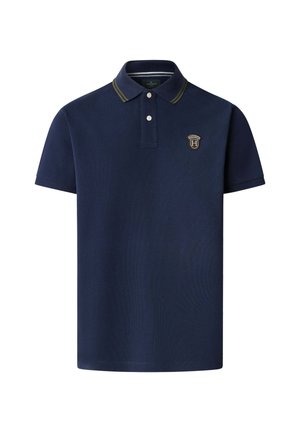 Polo majica tamnoplave boje, napravljena od teksturiranog materijala, s dvjema dugmadi na plavok, ovratnikom s zelenim akcentima i malim izvezenim logotipom.