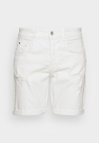 Pantalones cortos de mezclilla blanca con dobladillo enrollado, que presentan detalles desgastados y cinco bolsillos. Fabricados en algodón con una textura suave.