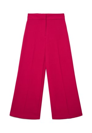 Weit geschnittene Hose aus leuchtend pinkem Stoff mit glatter Textur, mit einer glatten Vorderseite und zwei Seitentaschen.