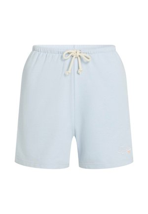 Šviesiai mėlyni medvilniniai šortai su elastinga juosmens juosta ir raišteliu. Turi šonines kišenes ir kontrastingos spalvos logotipo siuvinėjimą.