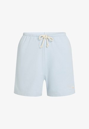 Light blue cotton shorts with an elastic waistband and drawstring. Features side pockets and logo embroidery in contrasting color.