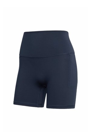 Pantalones cortos atléticos de talle alto en azul marino con bolsillos laterales, diseñados para ropa deportiva.