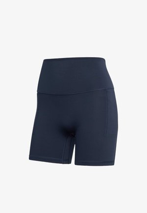 Pantalones cortos atléticos de talle alto en azul marino con bolsillos laterales, diseñados para ropa deportiva.