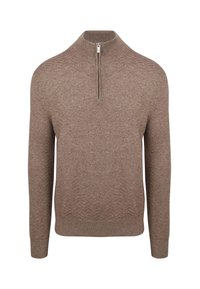 Bruine sweater met een hoge kraag en kwart rits. Kenmerkt zich door een gestructureerd zigzagpatroon en ribgebreide manchetten en zoom. Gemaakt van een zacht materiaal.
