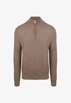 Bruine sweater met een hoge kraag en kwart rits. Kenmerkt zich door een gestructureerd zigzagpatroon en ribgebreide manchetten en zoom. Gemaakt van een zacht materiaal.