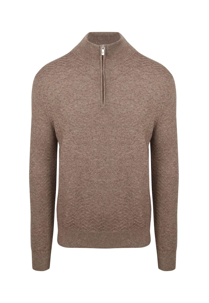 Bruine sweater met een hoge kraag en kwart rits. Kenmerkt zich door een gestructureerd zigzagpatroon en ribgebreide manchetten en zoom. Gemaakt van een zacht materiaal.