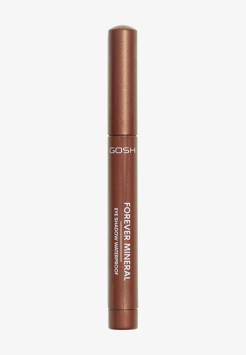 Brązowa metaliczna tubka z zakrętką i białym napisem "GOSH FOREVER MINERAL EYE SHADOW WATERPROOF." Gładka tekstura, smukły kształt.