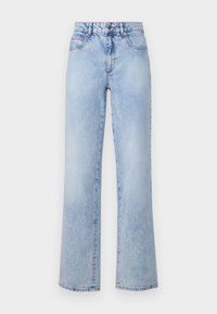 Jeans high-waisted azzurri chiari con gamba dritta, con una texture in denim sbiadito, dettagli di cuciture rosse e un classico design a cinque tasche.