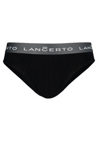 Czarne slipy wykonane z bawełny, z szarym elastycznym pasem w talii, na którym w białym kolorze nadrukowano "LANCERTO". Klasyczny krój o gładkim wykończeniu.