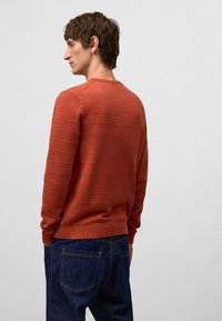 Uomo in un maglione a maniche lunghe color arancio ruggine con sottili righe orizzontali, jeans blu scuro, in piedi di lato di fronte a uno sfondo chiaro e uniforme.