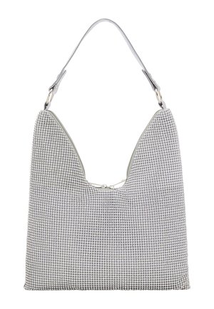 Silberne Mesh-Schultertasche mit einem dreieckigen Design, ausgestattet mit einem glatten grauen Lederbesatz und einem oberen Reißverschluss. Strukturierte Oberfläche mit metallischem Glanz.