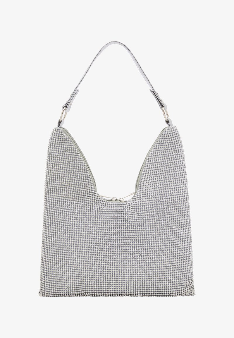Srebrna siateczkowa torebka na ramię o trójkątnym kształcie, z gładkimi szarymi skórzanymi wykończeniami oraz górnym zamknięciem na zamek. Teksturowana powierzchnia z metalicznym połyskiem.