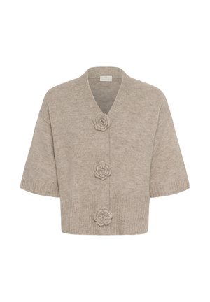 Beige Cardigan mit V-Ausschnitt und kurzen Ärmeln, versehen mit drei Blumenknöpfen, weicher Textur und geripptem Saum.