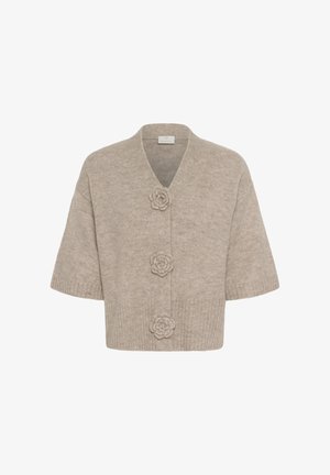 Beež kardigan V-kaelusega ja lühikeste varrukatega, millel on kolm lillelist nööpi, pehme tekstuur ja soonikserv.