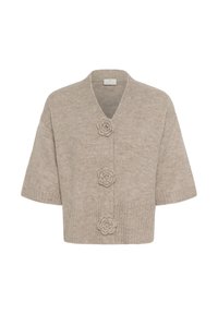 Beige cardigan med V-udsnit og korte ærmer, prydet med tre blomsterknapper, blød tekstur og ribbet kant.