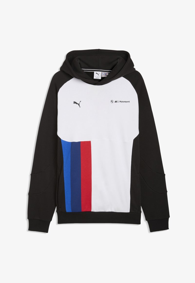 Sweat à capuche BMW Motorsport noir et blanc avec des rayures verticales bleues et rouges sur le devant et le logo Puma sur la poitrine.